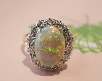 Mid-Century Opal and Diamond Cocktail Ring in 14K Gold