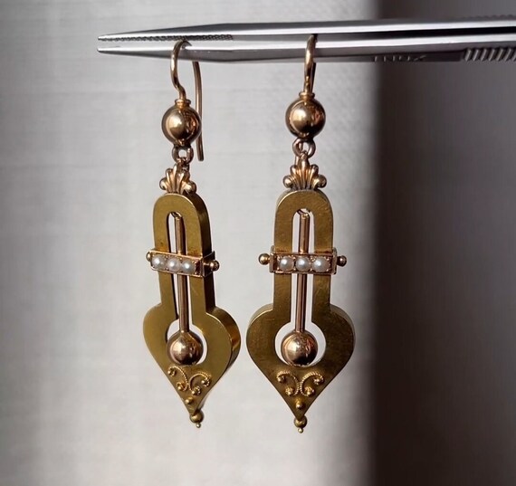 Victorian Ornate Pearl Drop Earrings in 14k Yellow