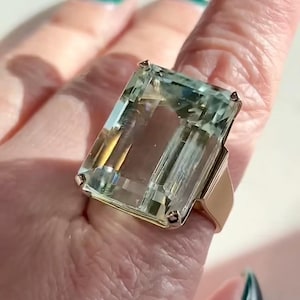 34.21 Carat Vintage Emerald Cut Aquamarine Cocktail Ring in 14k Gold