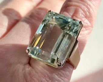 34.21 Carat Vintage Emerald Cut Aquamarine Cocktail Ring in 14k Gold