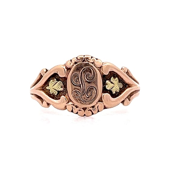 Antique Victorian Signet Ring in 10k Rose & Yello… - image 1