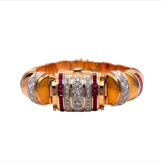 Retro Omega Diamond & Ruby Watch Bracelet in 18k … - image 5
