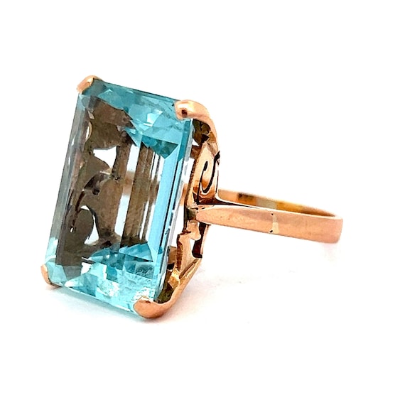 Vintage Emerald Cut Aquamarine Cocktail Ring in R… - image 3