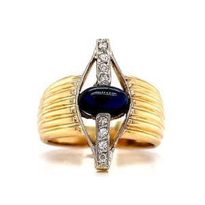 Mid-Century Cabochon Sapphire & Diamond Ring in 18k Yellow Gold