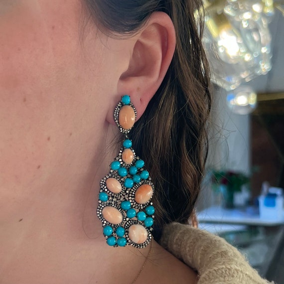 Turquoise, Coral, & Diamond Cluster Drop Earrings… - image 4
