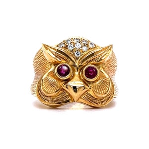 Diamond & Ruby Eyed Owl Cocktail Ring in 18k Yellow Gold image 3