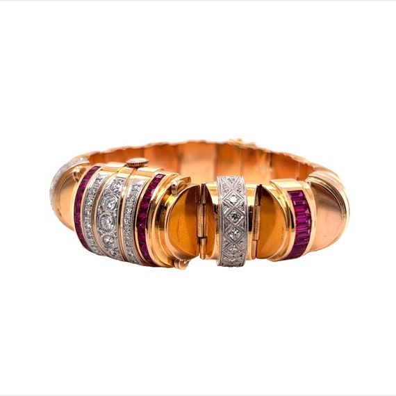 Retro Omega Diamond & Ruby Watch Bracelet in 18k … - image 10
