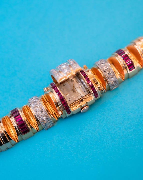 Retro Omega Diamond & Ruby Watch Bracelet in 18k … - image 3