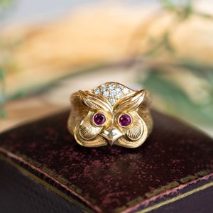 Diamond & Ruby Eyed Owl Cocktail Ring in 18k Yellow Gold image 1