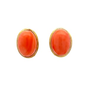 Cabochon Coral Earring Studs in Yellow Gold