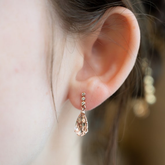 Pear Cut Morganite & Diamond Earrings in 14k Rose… - image 1