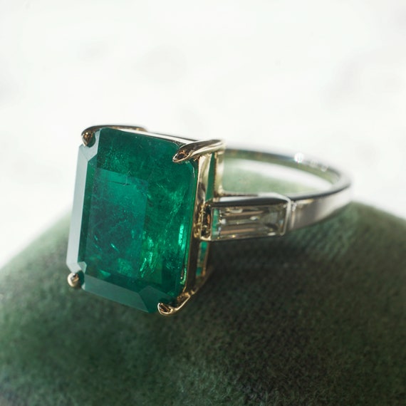 Step Cut Emerald and Diamond Ring in Platinum & 1… - image 1