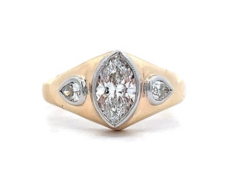 Bezel Set Marquise Three Stone Engagement Ring in 14k Yellow & White Gold