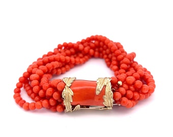 Vintage 1960's Beaded Coral Bracelet in 14k Yellow Gold