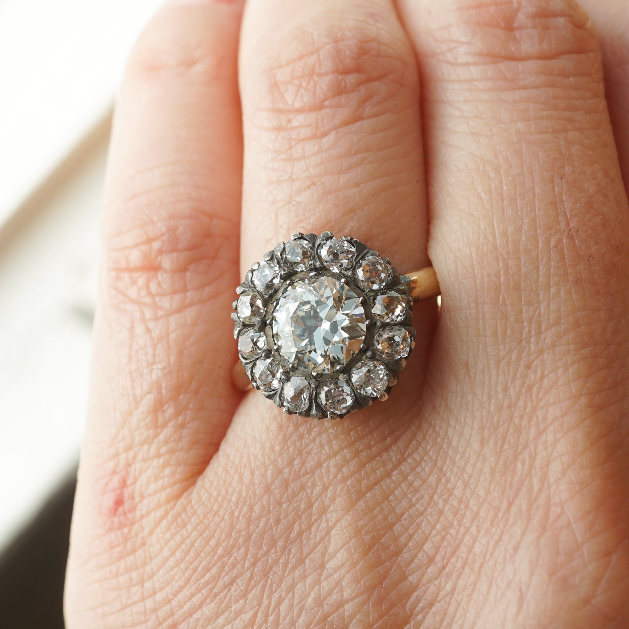 Antique Victorian Diamond Cluster Ring in Sterling Silver 14k