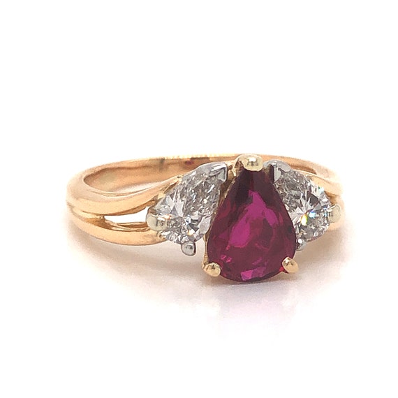 Pear Cut Ruby Engagement Ring in 18k Gold & Plati… - image 5