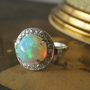 Round Cabochon Opal & Diamond Cocktail Ring in Platinum