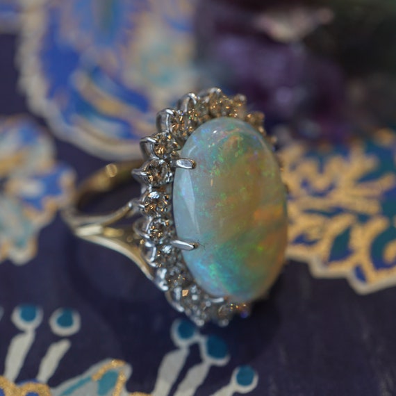 Vintage Opal & Diamond Cocktail Ring in 14k Gold - image 1