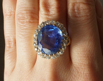 Victorian Ceylon Sapphire & Diamond Cocktail Ring in 18k