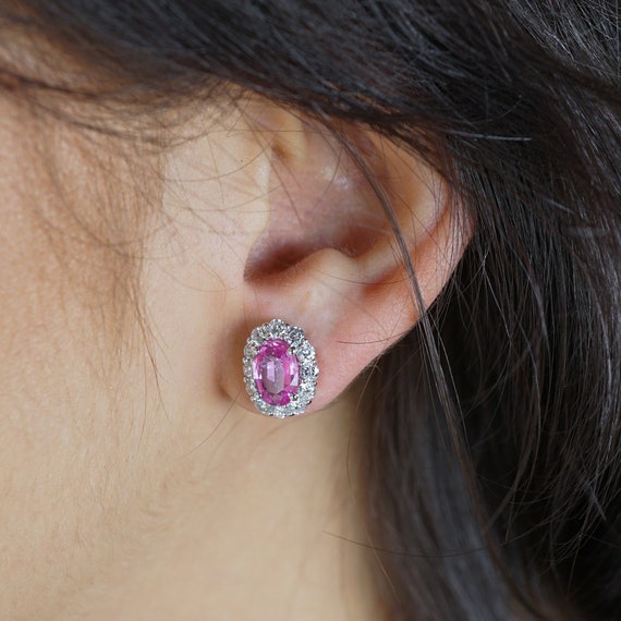 3.60 Oval Cut Pink Sapphire & Diamond Earrings in… - image 3