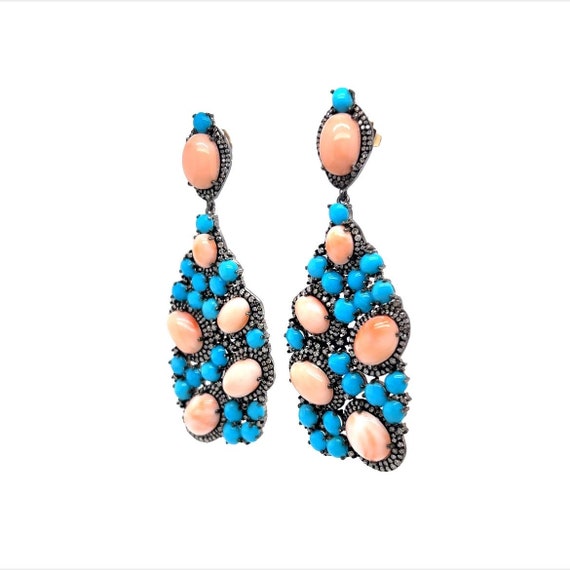 Turquoise, Coral, & Diamond Cluster Drop Earrings… - image 6