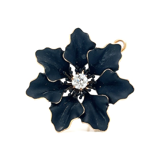 Victorian Black Flower Brooch Pendant in 14k Yell… - image 1