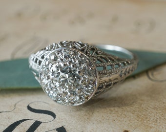 Pave Diamond Filigree Engagement Ring in 18k White Gold