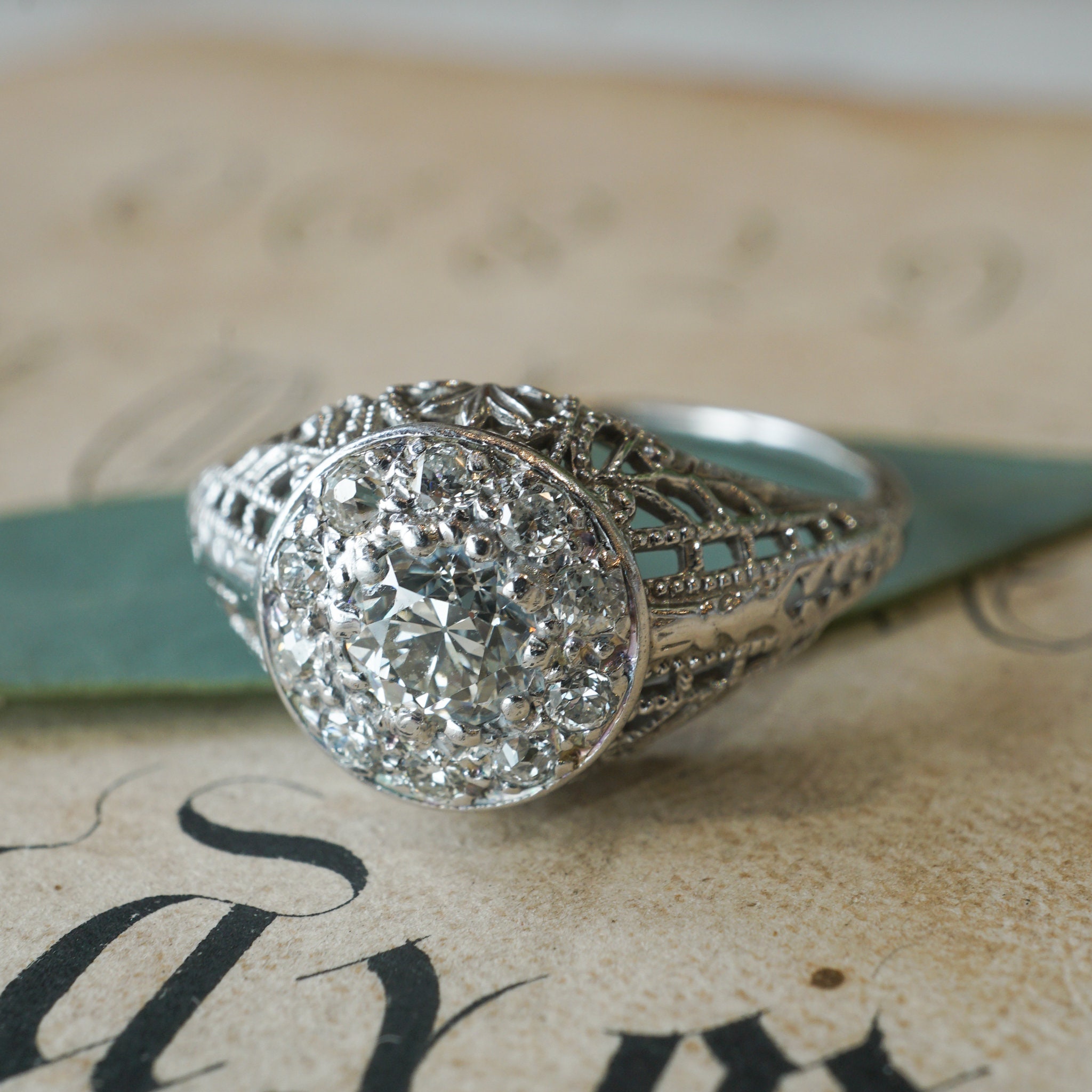 Pave Diamond Filigree Engagement Ring in 18k White Gold Etsy