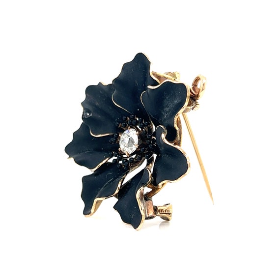 Victorian Black Flower Brooch Pendant in 14k Yell… - image 2