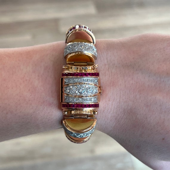 Retro Omega Diamond & Ruby Watch Bracelet in 18k … - image 6