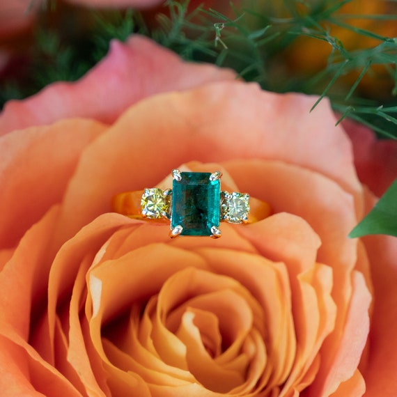 Emerald & Yellow Diamond Ring in 14k Yellow Gold - image 3