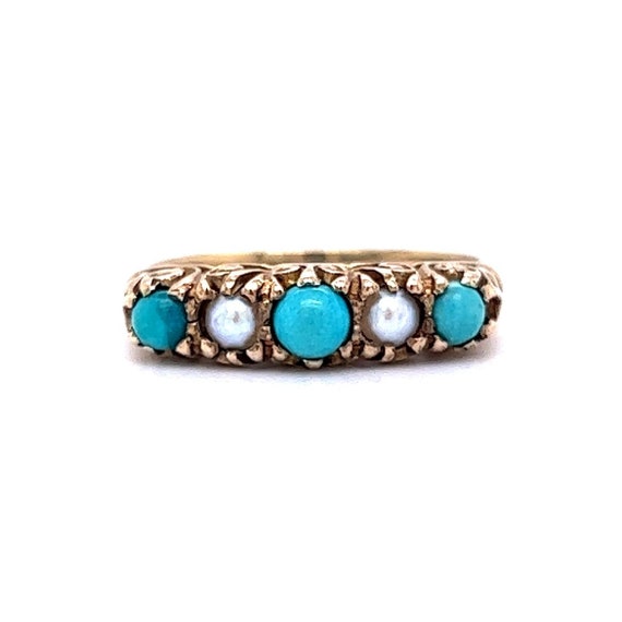 Victorian Turquoise and Pearl Ring in 9k Yellow G… - image 10