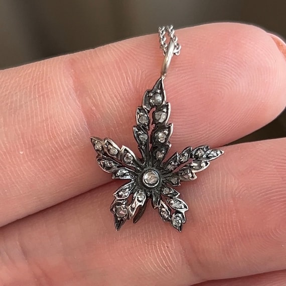 Georgian Diamond Leaf Pendant Necklace in Silver … - image 1