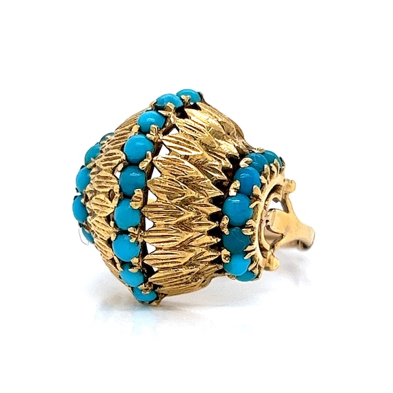 Mid-Century Turquoise Dome Cocktail Ring in 14k Y… - image 1