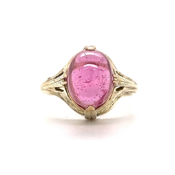Art Deco Cabochon Cut Pink Tourmaline Ring in 14k… - image 1