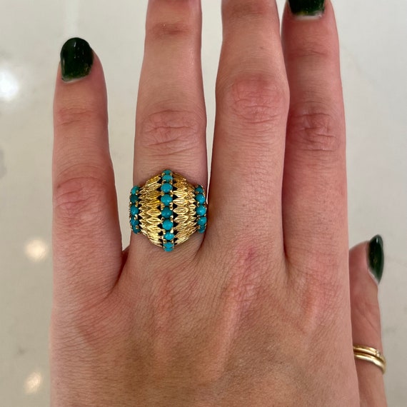 Mid-Century Turquoise Dome Cocktail Ring in 14k Y… - image 8