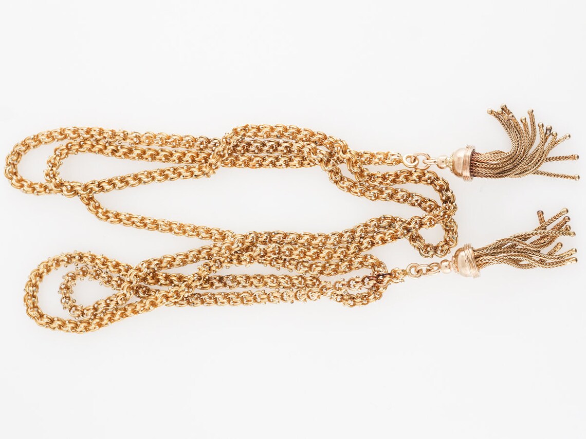 Long Victorian Tassel Chain in 14k Yellow Gold | Etsy
