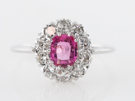 Vintage ART DECO Pink Sapphire Engagement Ring in White Gold