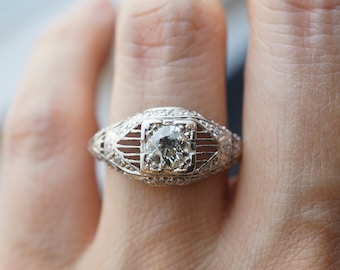 Intricate Art Deco Filigree Diamond Engagement Ring in Platinum