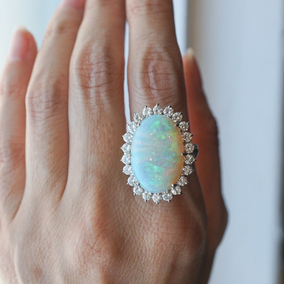 Vintage Opal & Diamond Cocktail Ring in 14k Gold - image 3