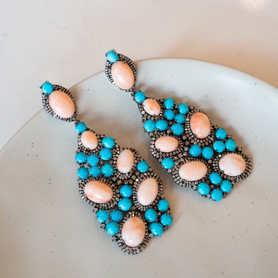 Turquoise, Coral, & Diamond Cluster Drop Earrings… - image 1