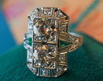 Antique Double Diamond & Emerald Cocktail Ring in Platinum