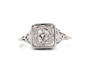 Art Deco Mine Cut Diamond Engagement Ring in 14k Gold