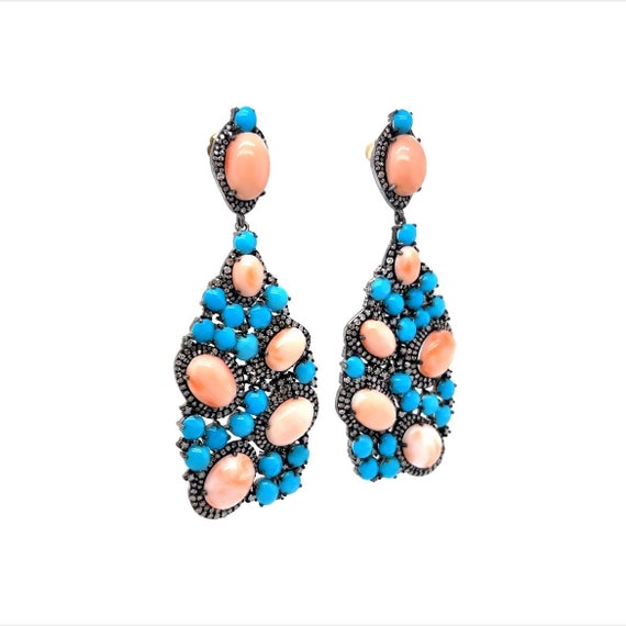 Turquoise, Coral, & Diamond Cluster Drop Earrings… - image 5