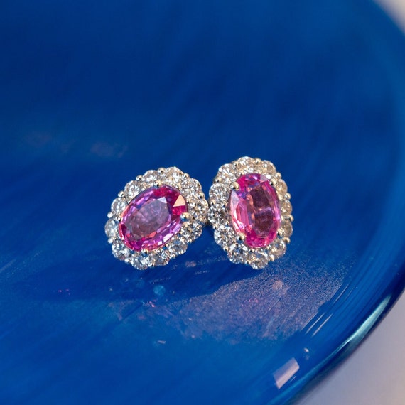 3.60 Oval Cut Pink Sapphire & Diamond Earrings in… - image 2