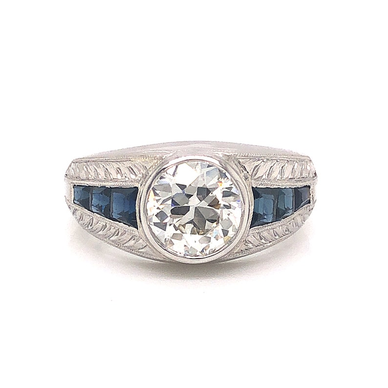 Bezel Set Diamond & Sapphire Engagement Ring in Platinum image 2