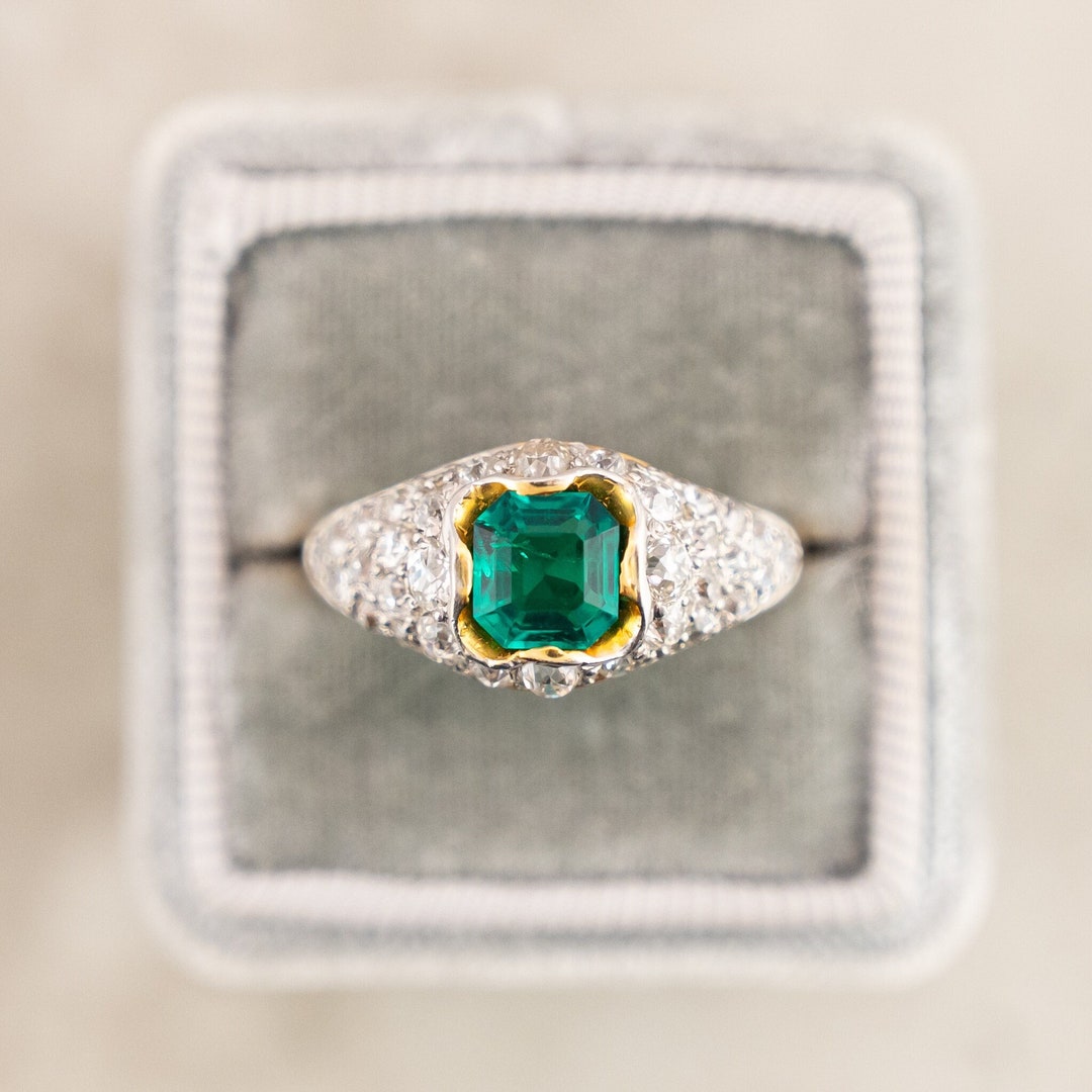 Antique Emerald and Diamond Ring in Platinum and 18K - Etsy