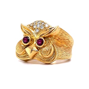 Diamond & Ruby Eyed Owl Cocktail Ring in 18k Yellow Gold image 4