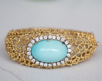 Organic Turquoise & Diamond Bracelet in 18k Yellow Gold, Estate Bracelet, Vintage Bracelet, Vintage Jewely