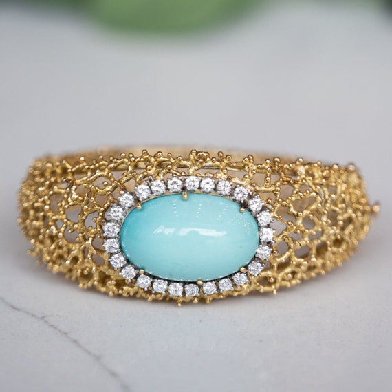 Organic Turquoise & Diamond Bracelet in 18k Yello… - image 1